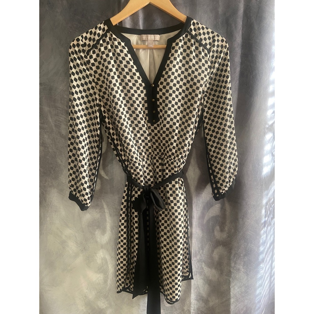Banana‎ Republic Black Cream Geometric Print Tie Waist Shift Dress Size 2